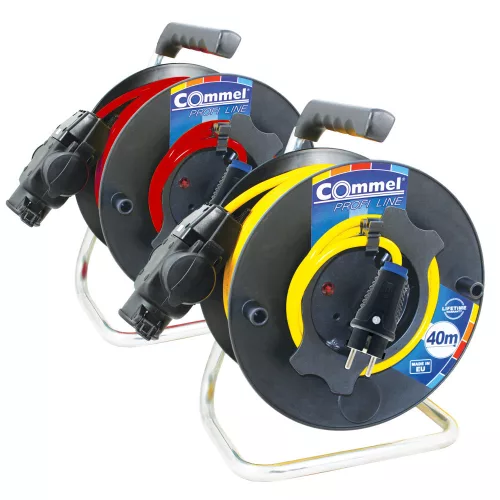Commel Cable Reel - PVC 280 mm, Single-Phase, 3-Way Socket with Cover, 40 m, 16 A 230 V ~ 3500 W IP44