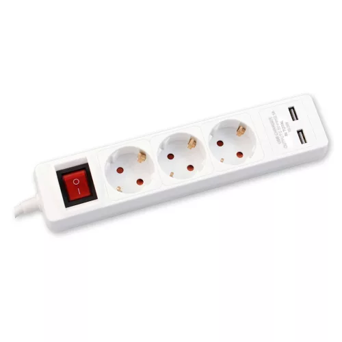 Commel power strip, 3-way extension with switch, child protection, 2x USB, white, 1.4m, 16A, 3500W