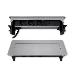   Commel recessed, hidden power strip for furniture, 3 sockets, USB A+C, nickel silver, 16A 3680W