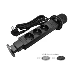   Commel built-in furniture hidden power strip, 3 sockets, USB A+C, black + grey ring 16A 3680W