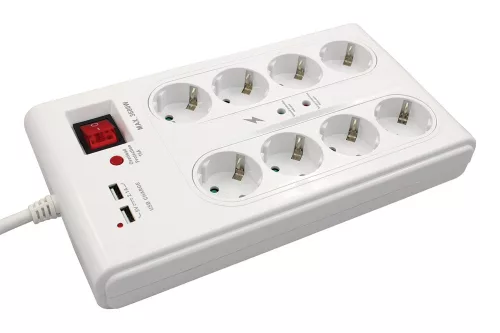Commel power strip with surge and overload protection, 8 sockets, 2 USB ports, 3m, 16A, 3500W