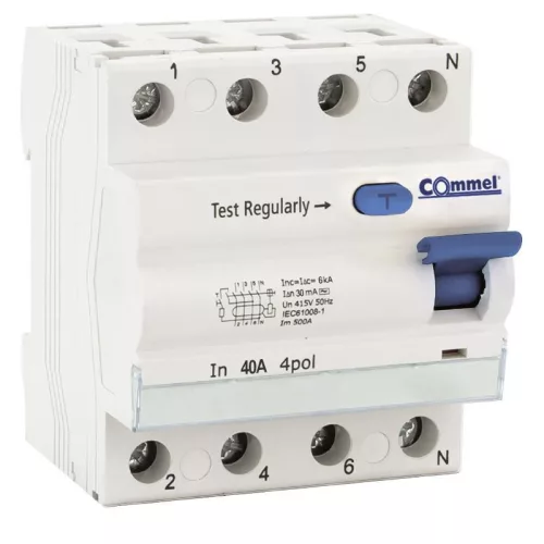 Commel RCCB 40A 4P 30mA, 6kA residual current circuit breaker