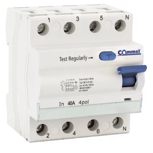 Commel RCD 63A 4P 30mA, 6kA residual current circuit breaker