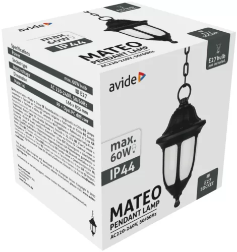 Avide Outdoor Pendant Lamp Mateo 1xE27 Black IP44
