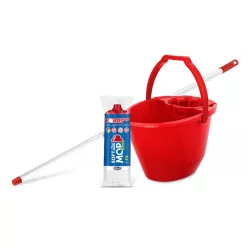   Bonus Felmosó szett-vödör PIROS 11L  csavaró kosár, felmosó nyél 120cm Softmop 160gr