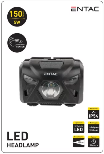 Entac Headlamp 5W Sensor XPE + Red Light, Black