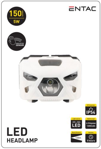 Entac Fejlámpa 5W Szenzoros XPE+Piros fény, Fehér