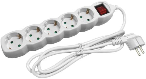 Entac elosztó, hosszabbító 5-ös, kapcsolóval, érintésvédelemmel, fehér, 5m, 16A, 3500W