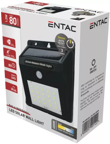 Entac Napelemes Műanyag Lámpa 1.2W SMD 3 mód PIR
