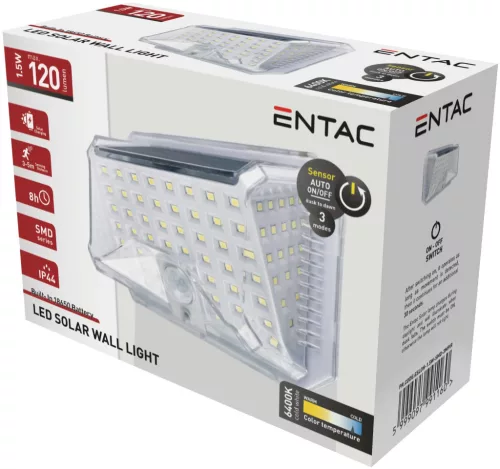Entac Napelemes Műanyag Lámpa 1.5W SMD 3 mód PIR