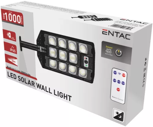 Entac LED Solar Street Light with Remote Control, Motion Sensor, Automatic Dimm Function, 1000 lm
