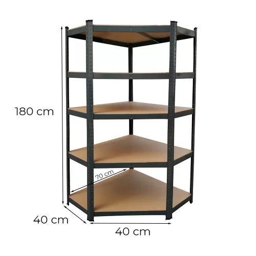 Nagy teherbírású sarokpolc 180x70x40-40 cm 175 kg fekete