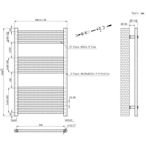Egyenes törölközőszárító radiátor 1000x600 mm fehér