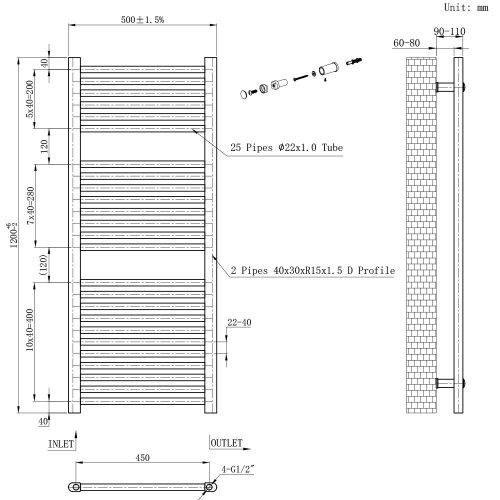 Egyenes törölközőszárító radiátor 1200x500 mm fekete