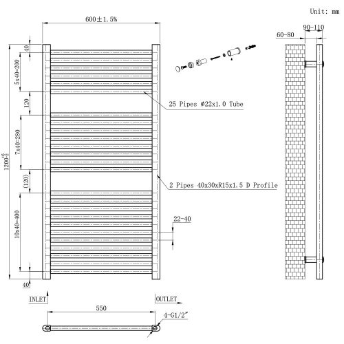 Egyenes törölközőszárító radiátor 1200x600 mm fehér