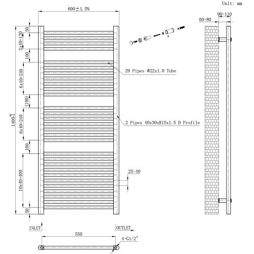 Egyenes törölközőszárító radiátor 1400x600 mm fekete