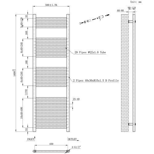 Egyenes törölközőszárító radiátor 1600x500 mm fehér