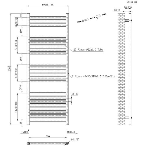 Egyenes törölközőszárító radiátor 1600x600 mm fekete