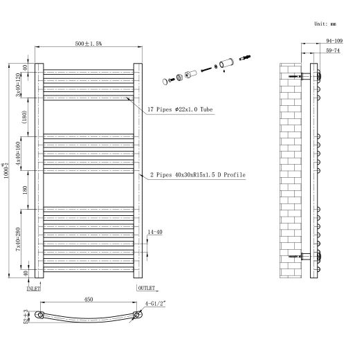 Íves törölközőszárító radiátor 1000x500 mm fekete