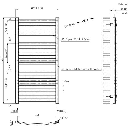Íves törölközőszárító radiátor 1200x600 mm fekete