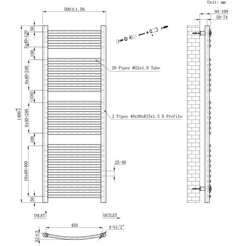 Íves törölközőszárító radiátor 1400x500 mm fekete