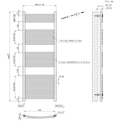 Íves törölközőszárító radiátor 1600x600 mm fekete