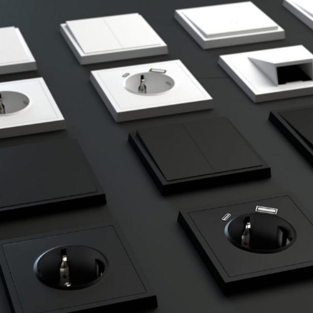 Commel süllyesztett szerelvények, fekete és fehér kapcsolók, aljzatok